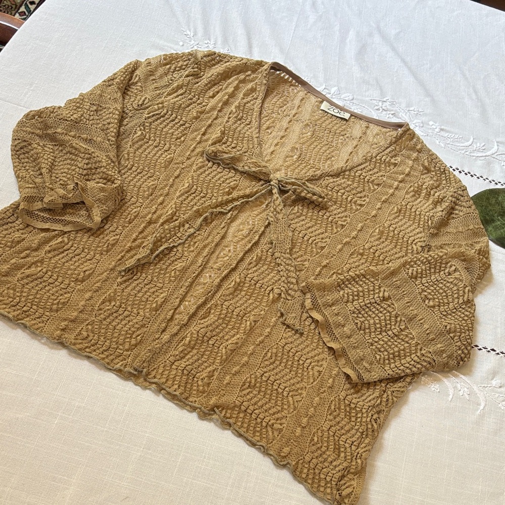Elegant Textured Tan Cardigan with Bow Accent
